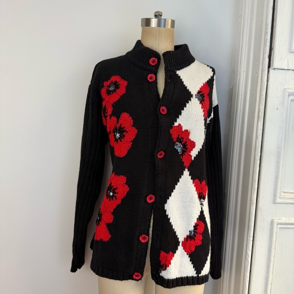 Vintage Argyle story book knits Black Red Floral cardigan with ceramic buttons - Picture 2 of 16